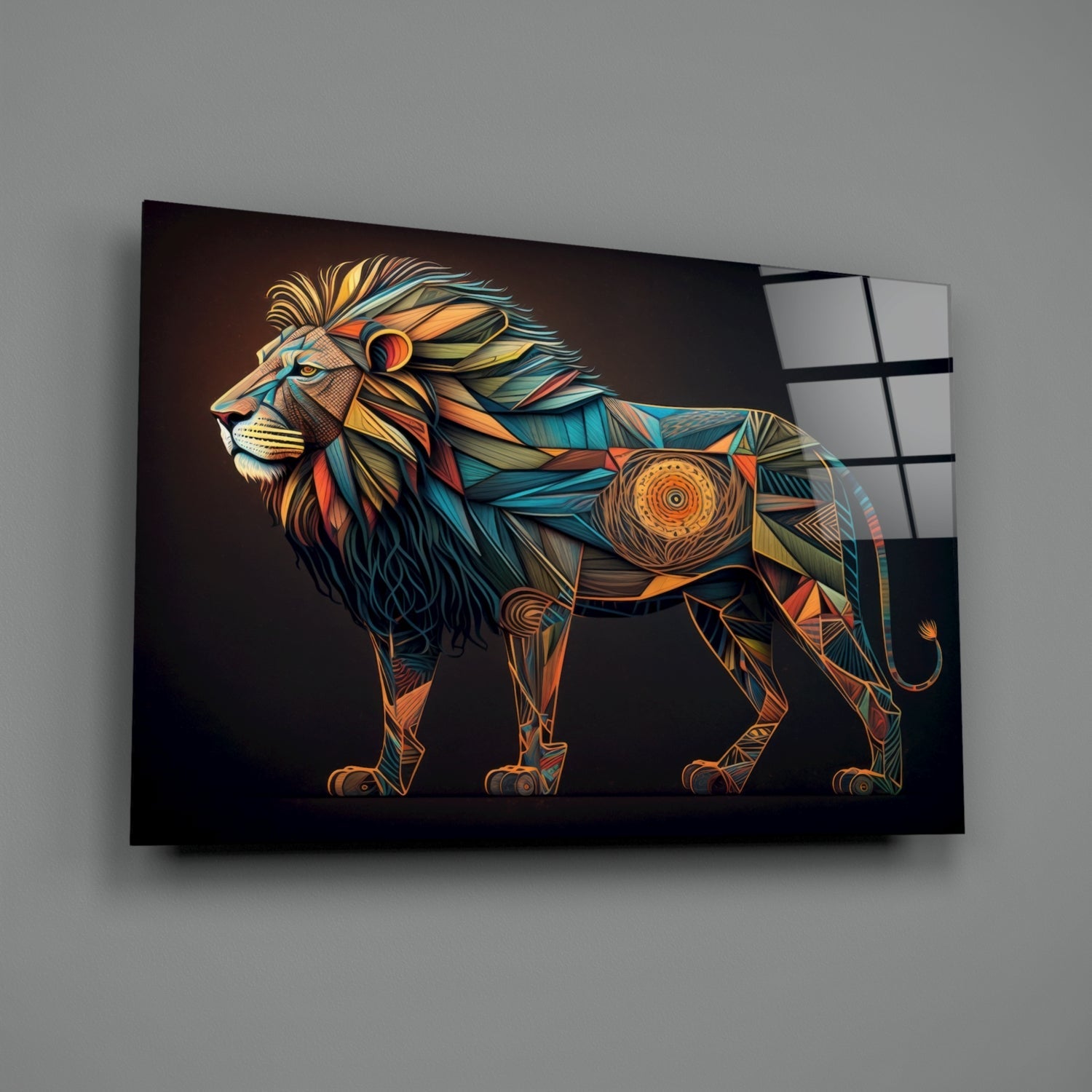 Geometric Mosaic Lion Glass Wall Art
