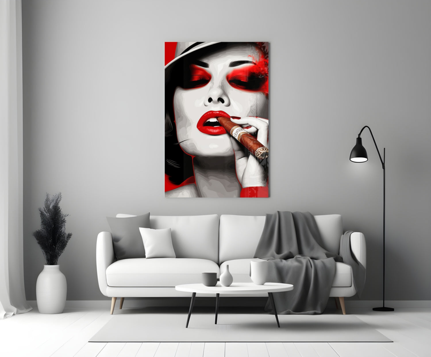 White Hat Red Lips Cigar Lady Glass Wall Art