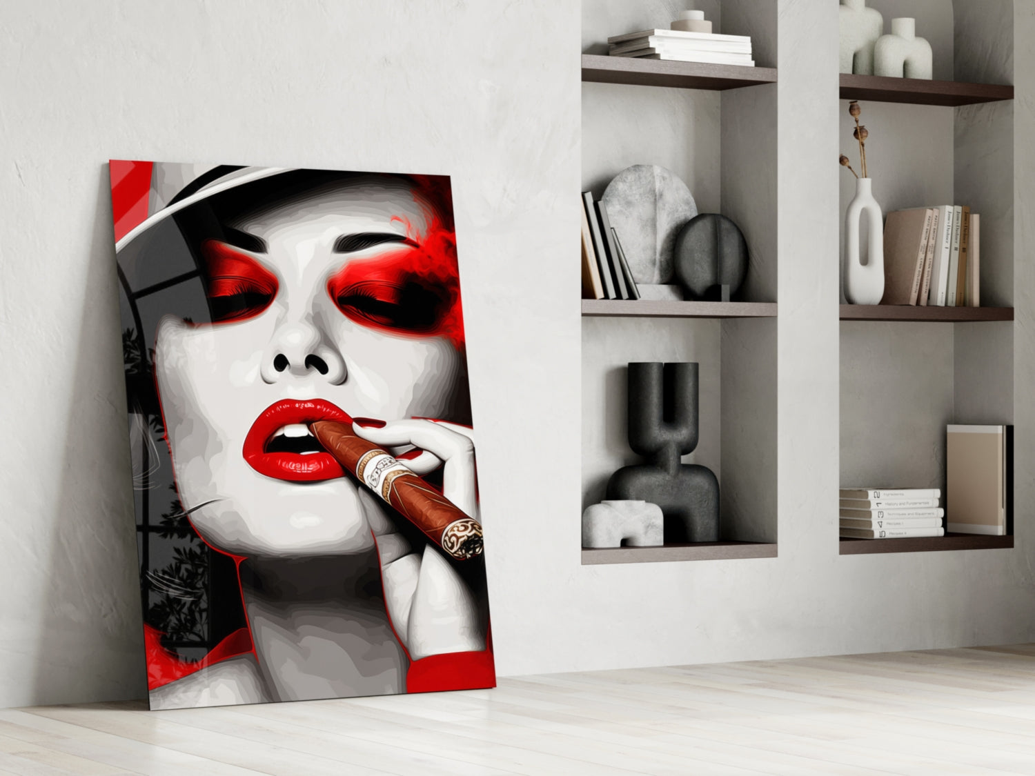 White Hat Red Lips Cigar Lady Glass Wall Art