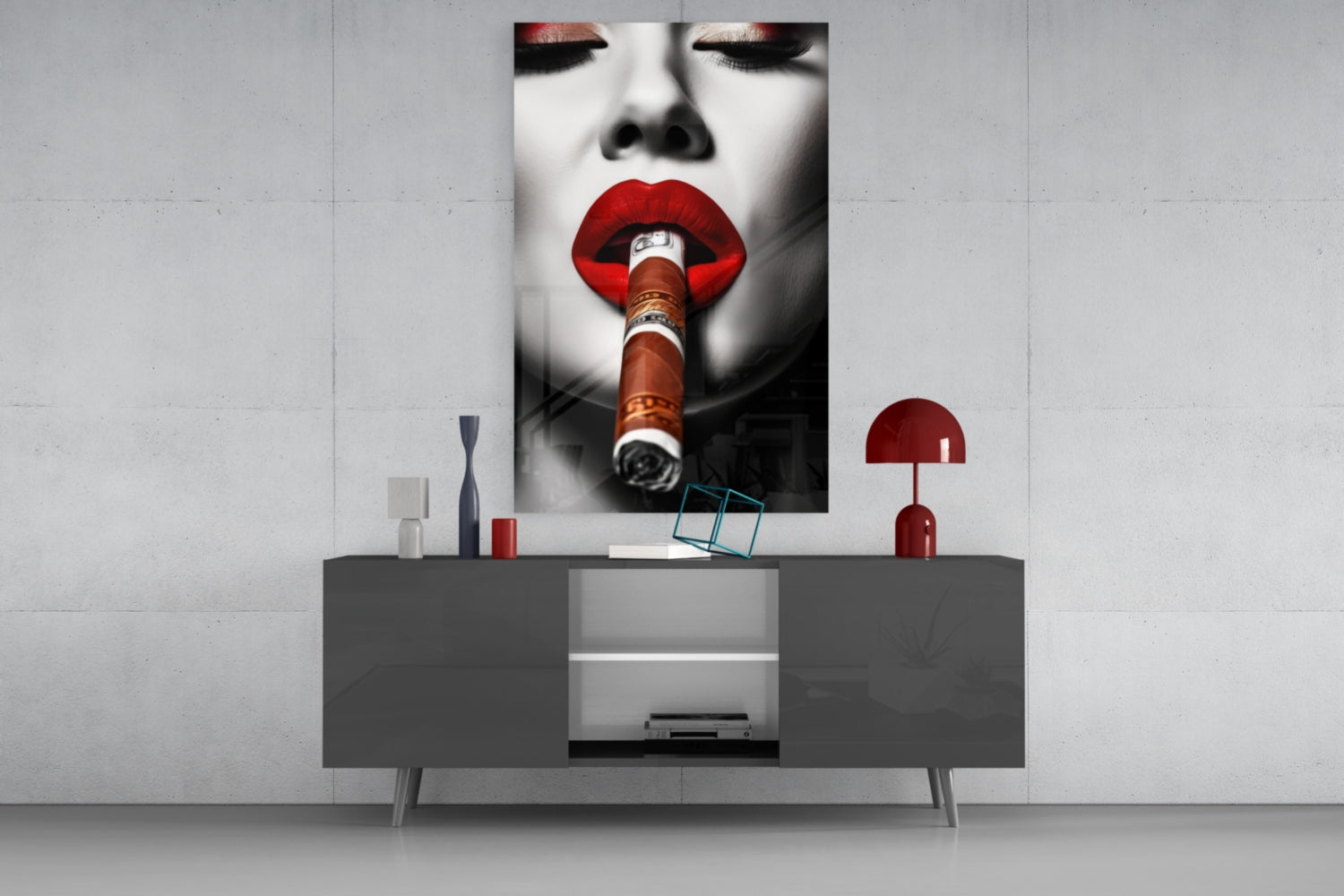 Money Wrapped Cigar Red Lips Glass Wall Art
