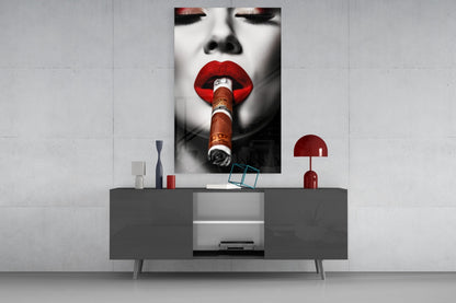 Money Wrapped Cigar Red Lips Glass Wall Art
