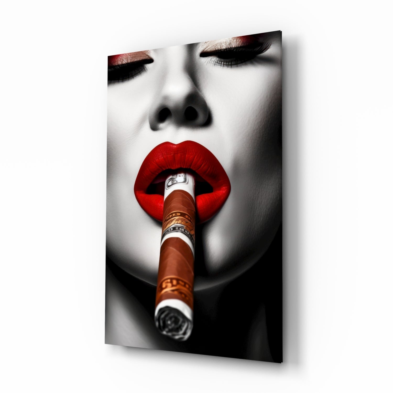 Money Wrapped Cigar Red Lips Glass Wall Art