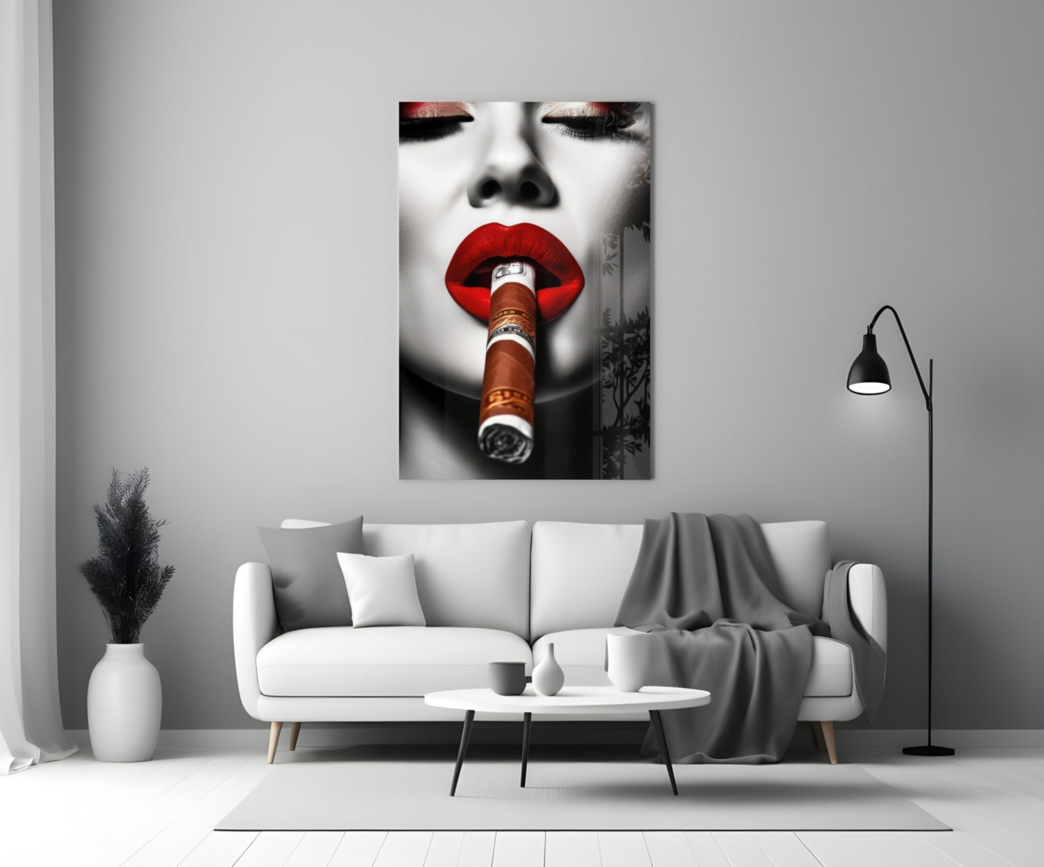 Money Wrapped Cigar Red Lips Glass Wall Art
