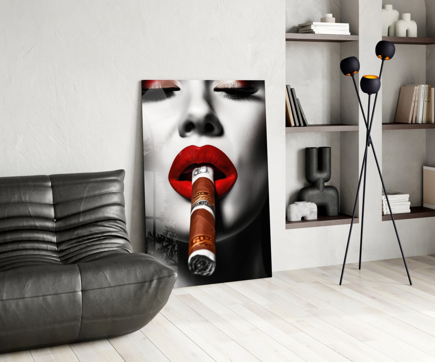 Money Wrapped Cigar Red Lips Glass Wall Art