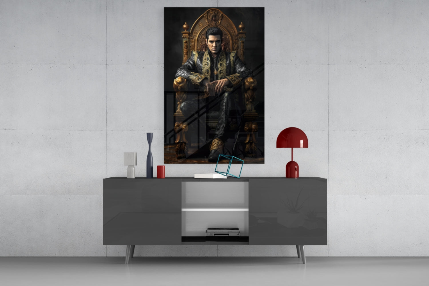 Black Gold Robe King on Throne Glass Wall Art