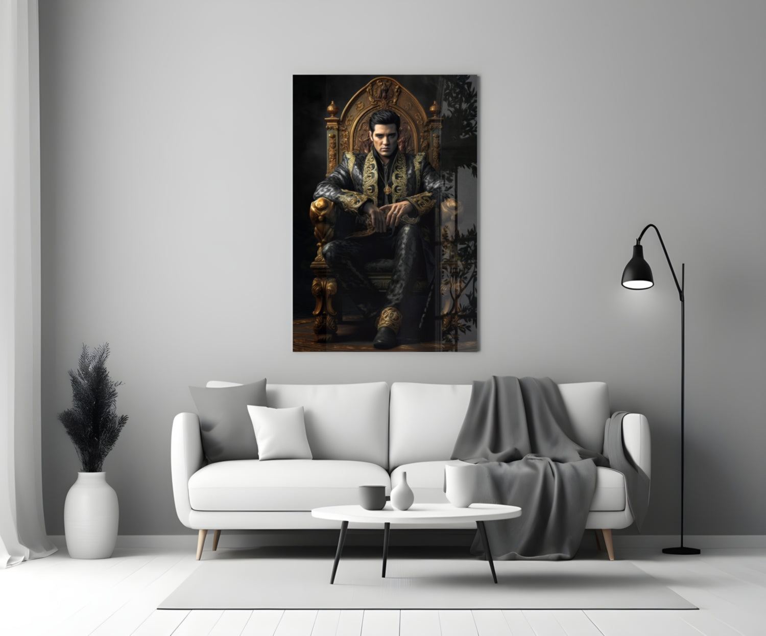 Black Gold Robe King on Throne Glass Wall Art