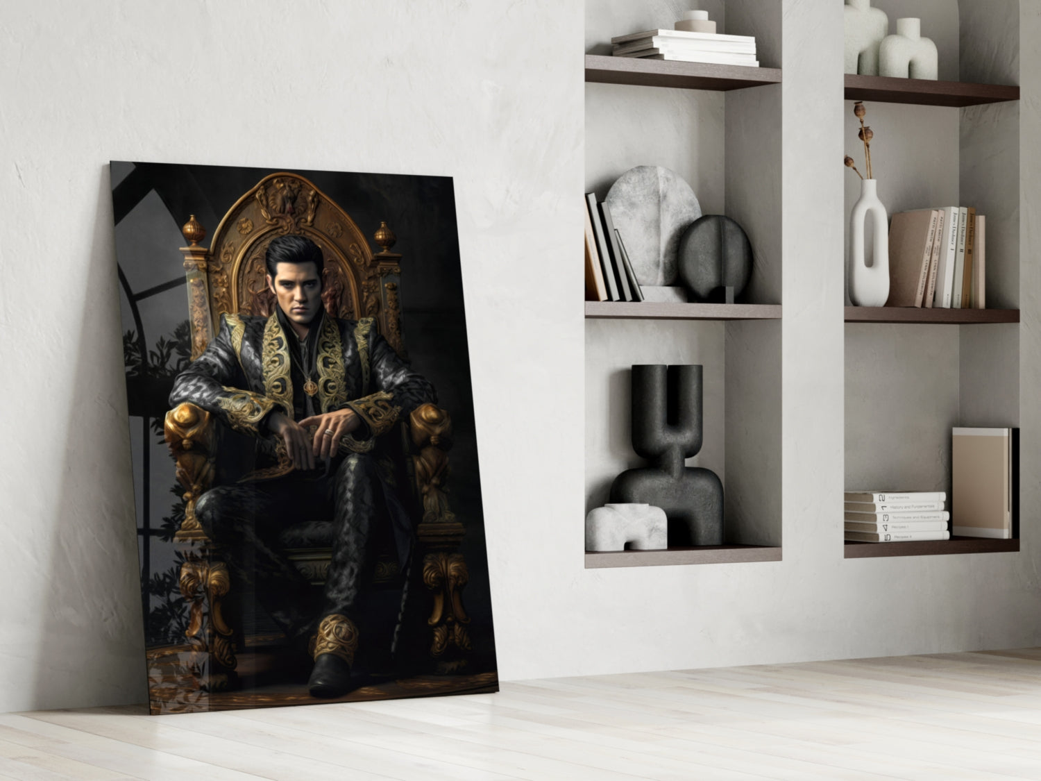 Black Gold Robe King on Throne Glass Wall Art