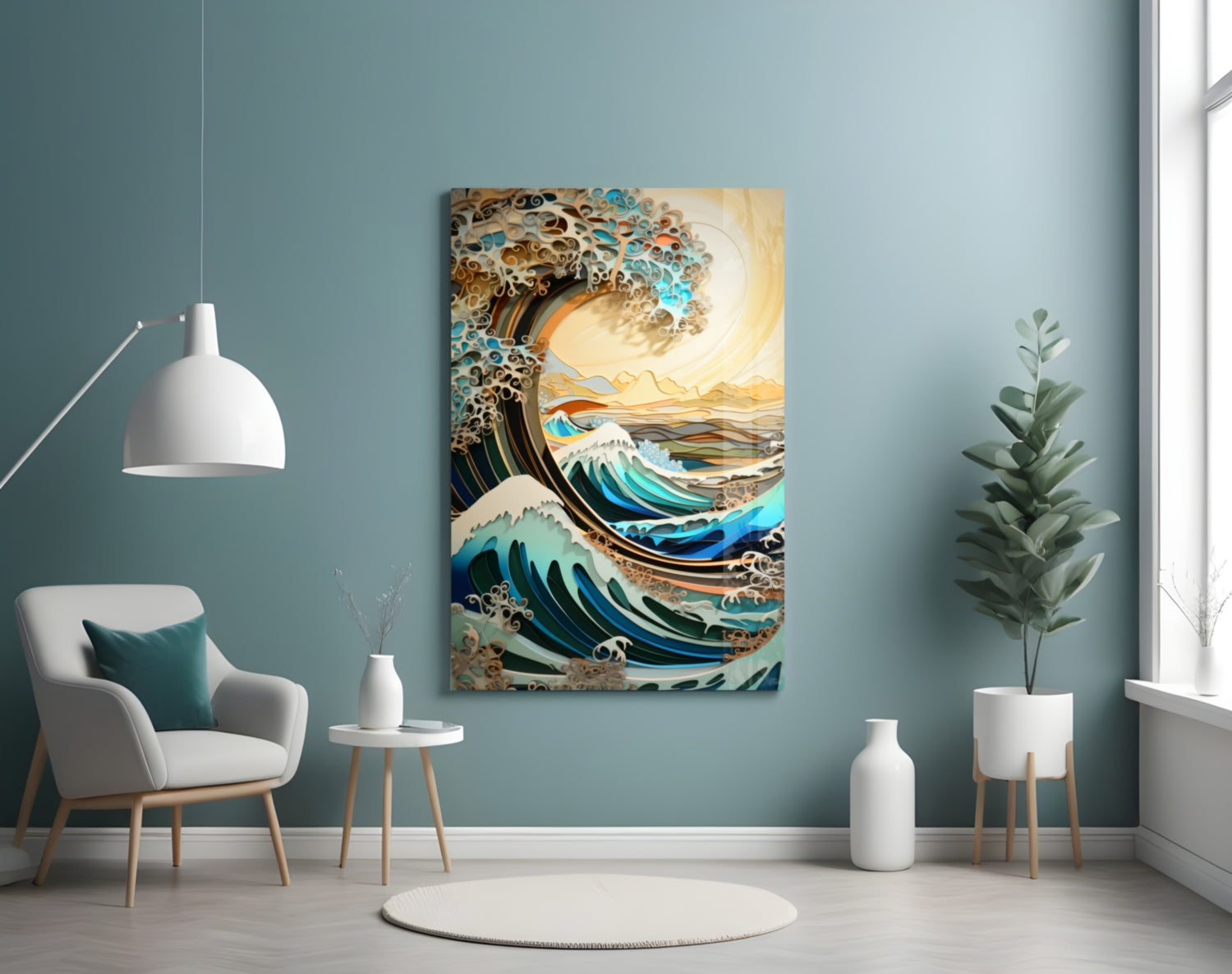 Golden Sky Curling Great Wave Glass Wall Art
