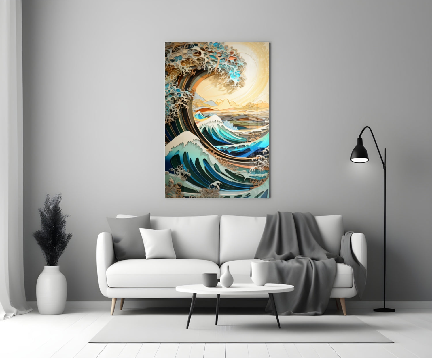 Golden Sky Curling Great Wave Glass Wall Art