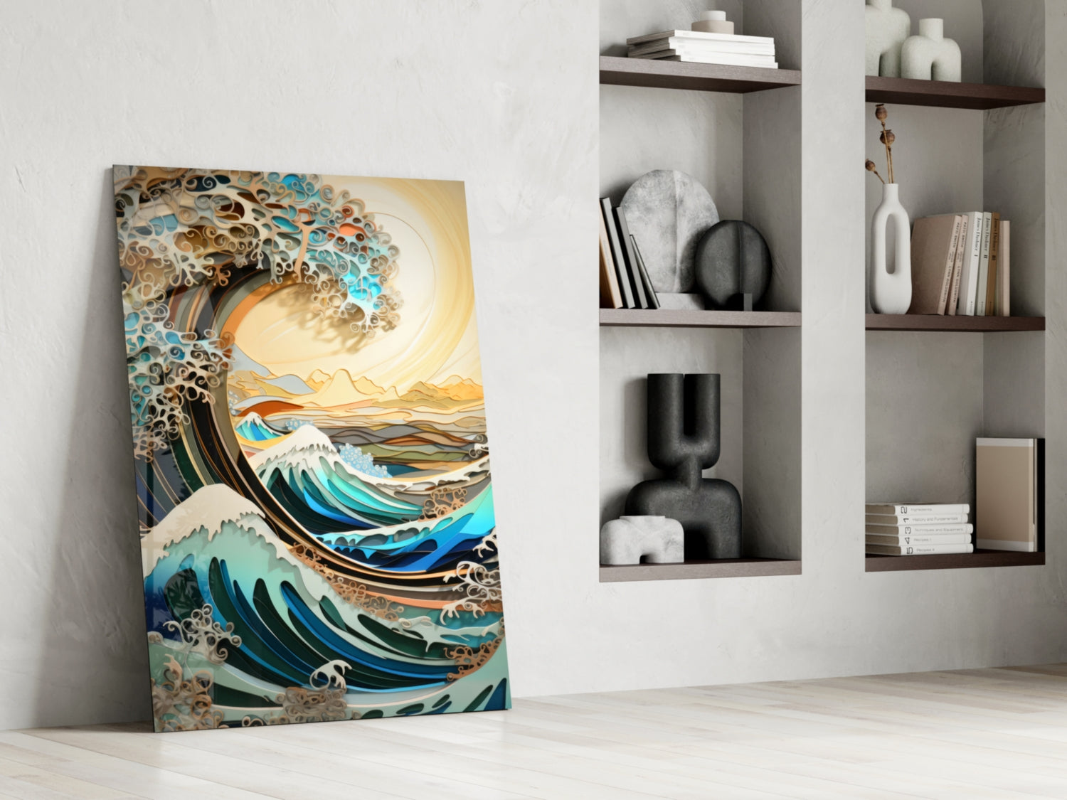 Golden Sky Curling Great Wave Glass Wall Art