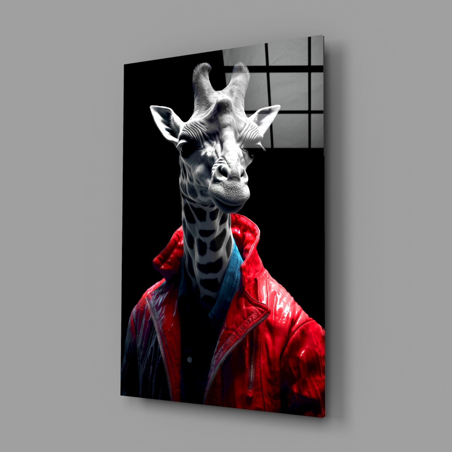 Red Leather Jacket Giraffe Glass Wall Art