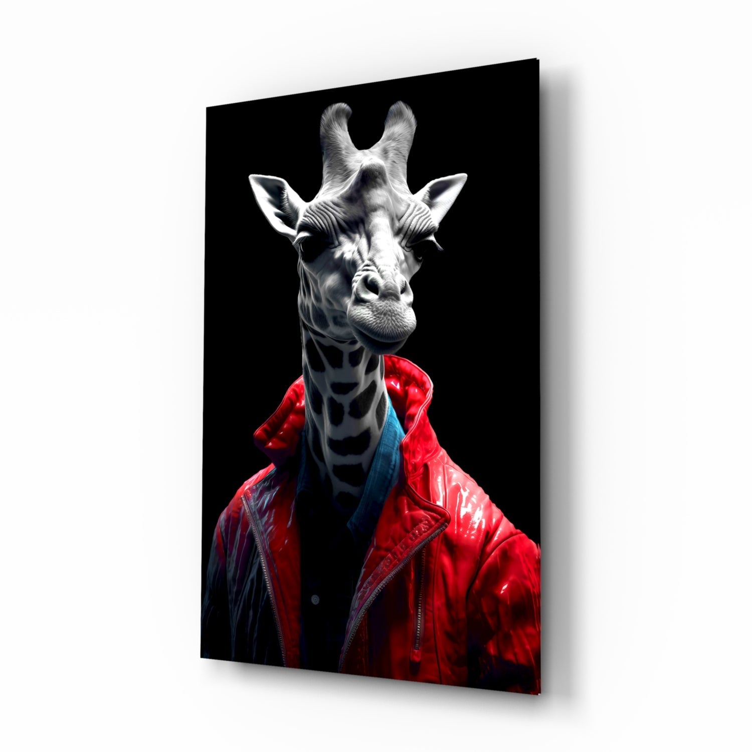 Red Leather Jacket Giraffe Glass Wall Art