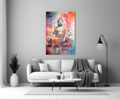 Watercolor Splash Meditating Buddha Glass Wall Art