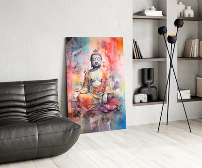 Watercolor Splash Meditating Buddha Glass Wall Art