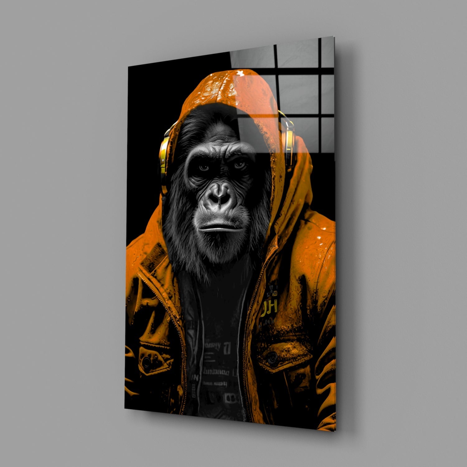 Orange Hooded Gorilla Headphones Glass Wall Art