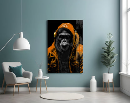 Orange Hooded Gorilla Headphones Glass Wall Art