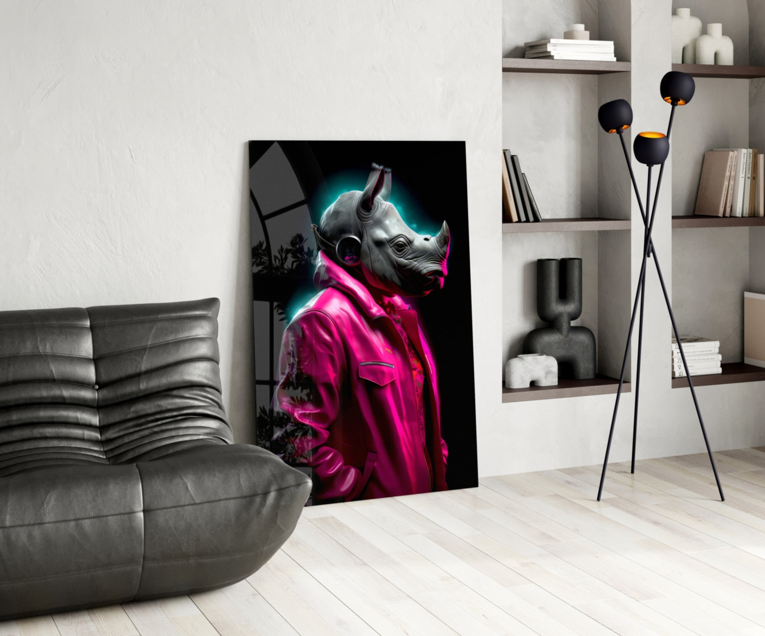 Pink Coat Rhino Neon Glow Glass Wall Art