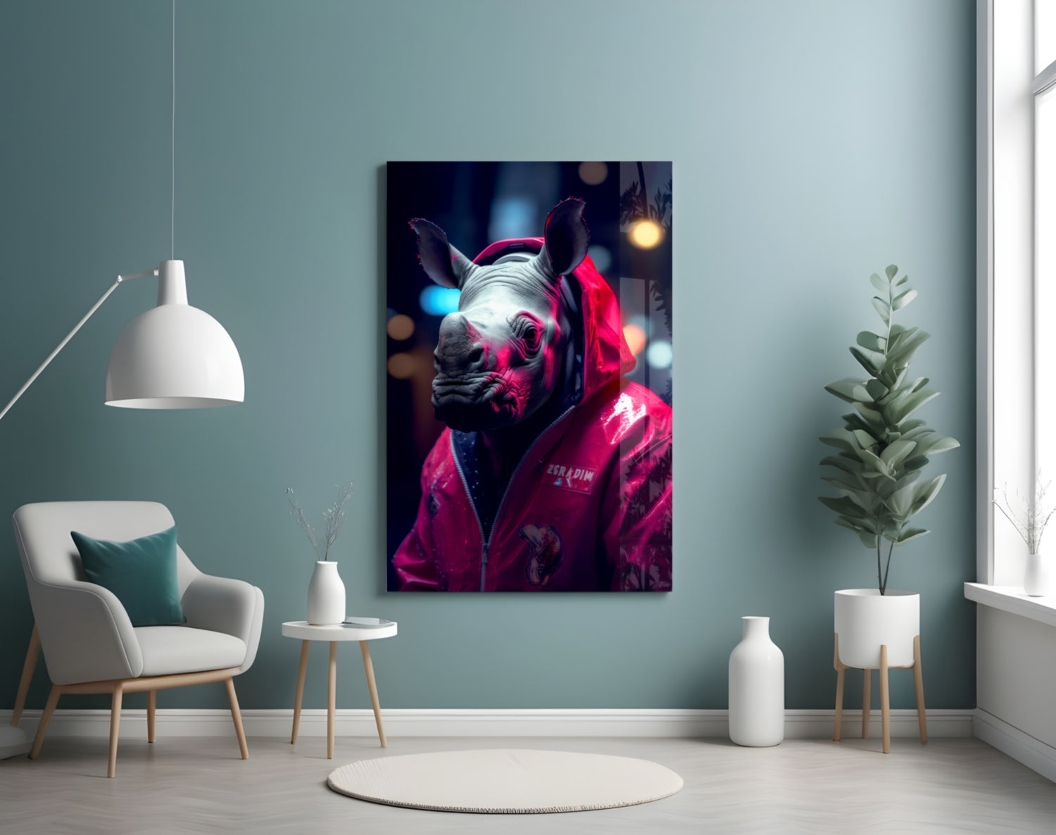 Rhino in Night Glass Wall Art || Designer Collection