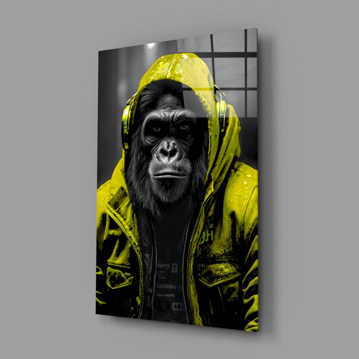 Yellow Raincoat Headphone Gorilla Glass Wall Art