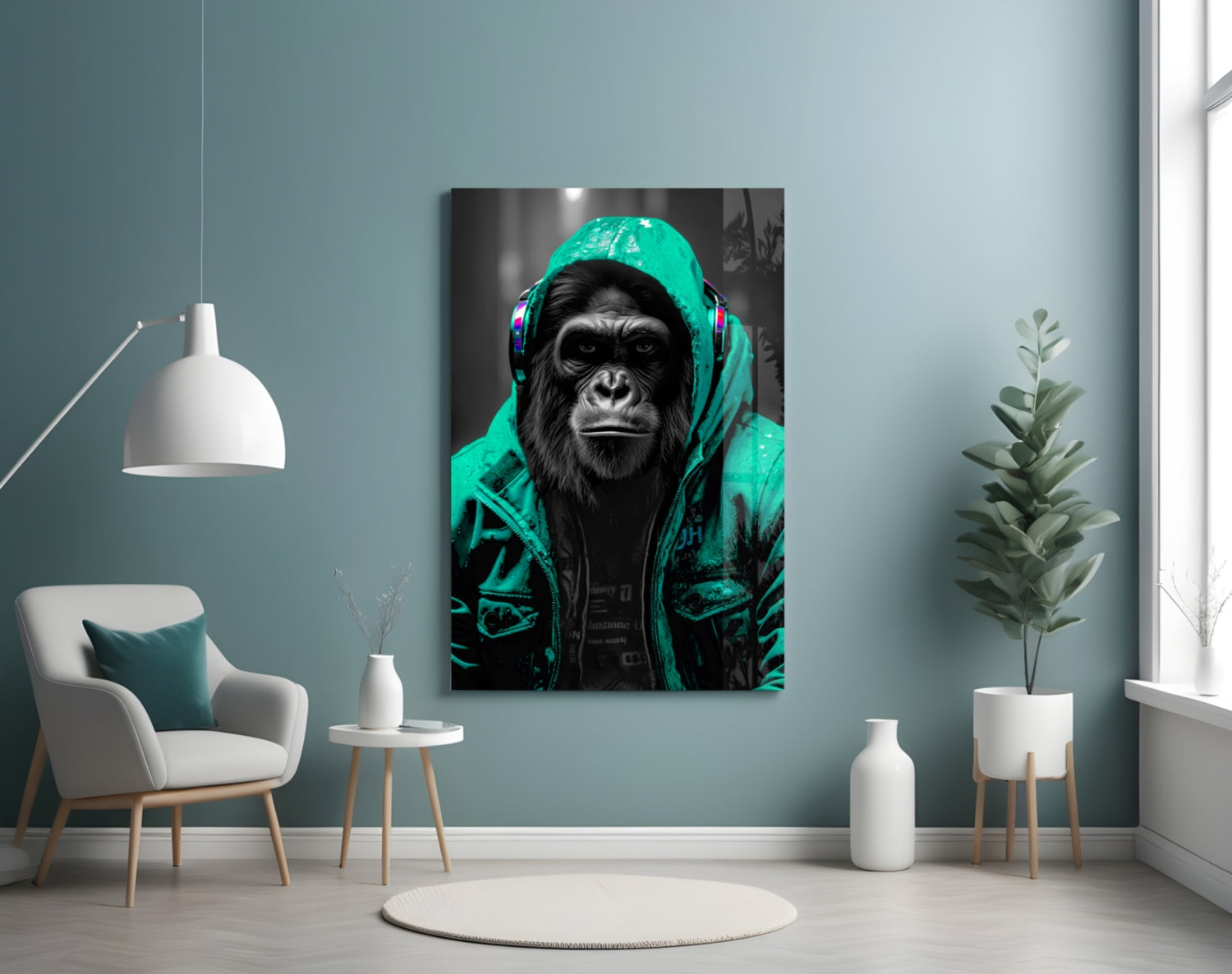 Yellow Raincoat Headphone Gorilla Glass Wall Art
