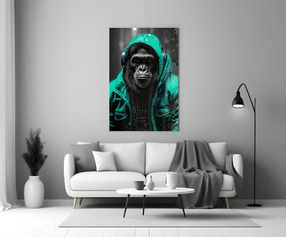 Yellow Raincoat Headphone Gorilla Glass Wall Art