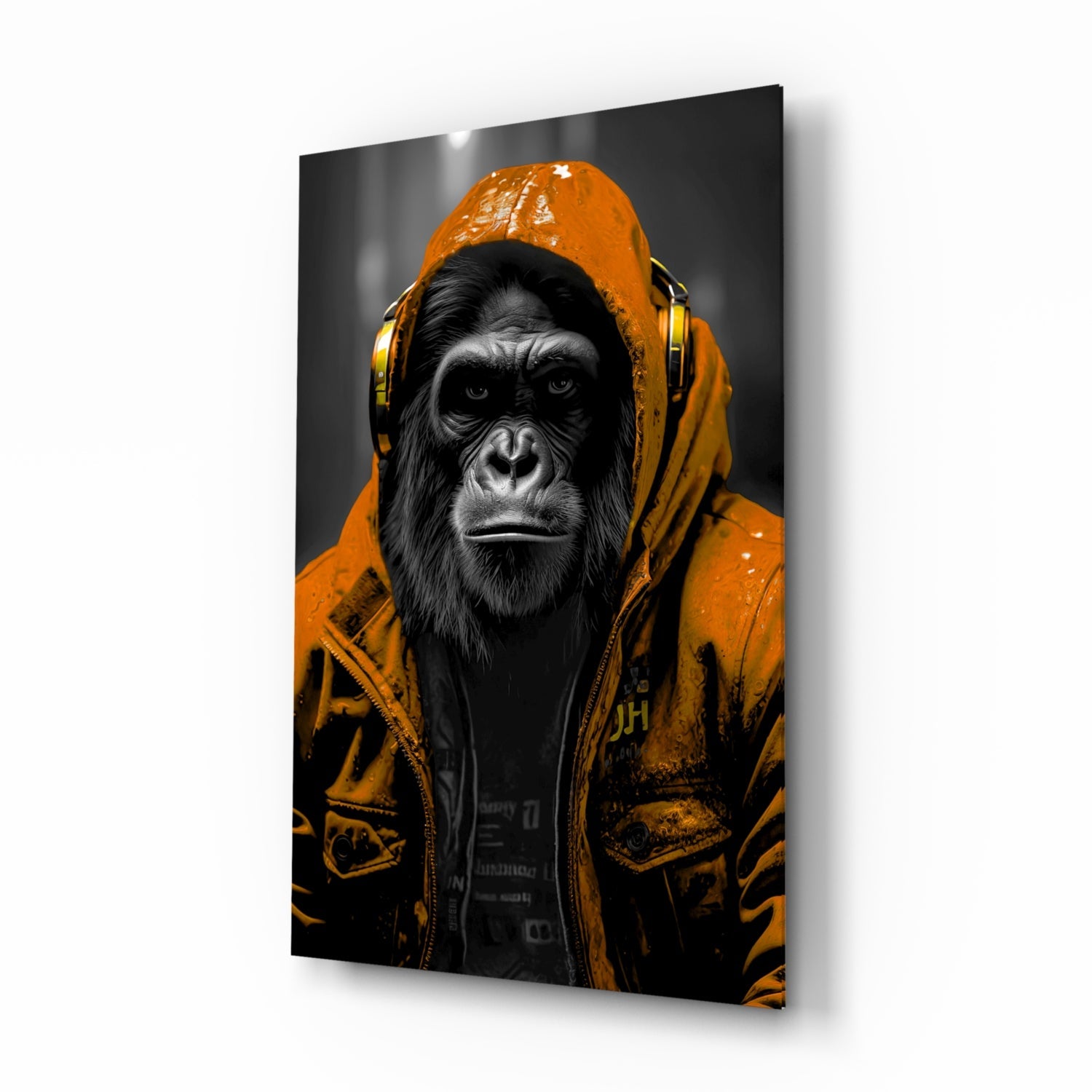 Yellow Raincoat Headphone Gorilla Glass Wall Art