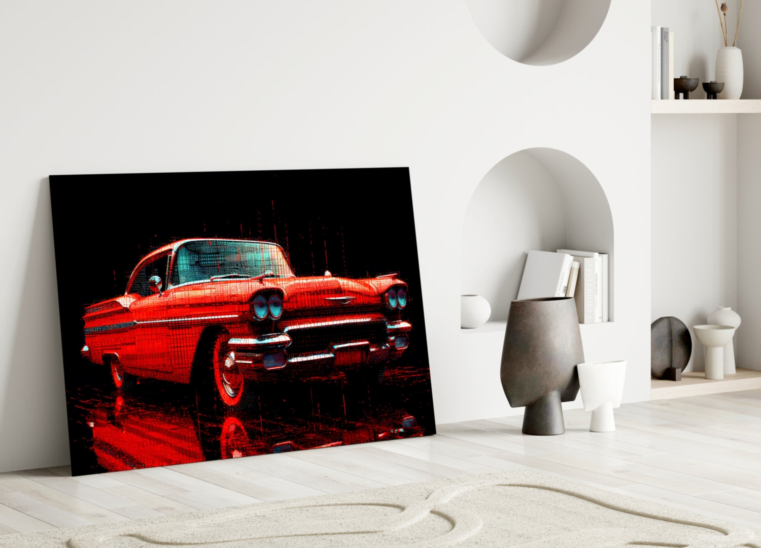 Vintage Red Coupe Glitch Glass Wall Art