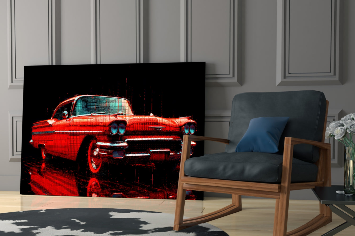 Vintage Red Coupe Glitch Glass Wall Art