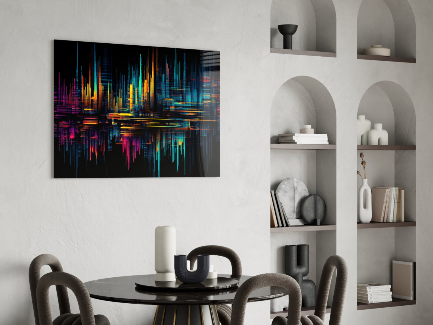 Neon Skyline Light Streaks Glass Wall Art