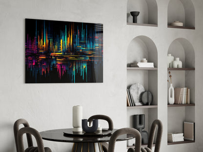 Neon Skyline Light Streaks Glass Wall Art
