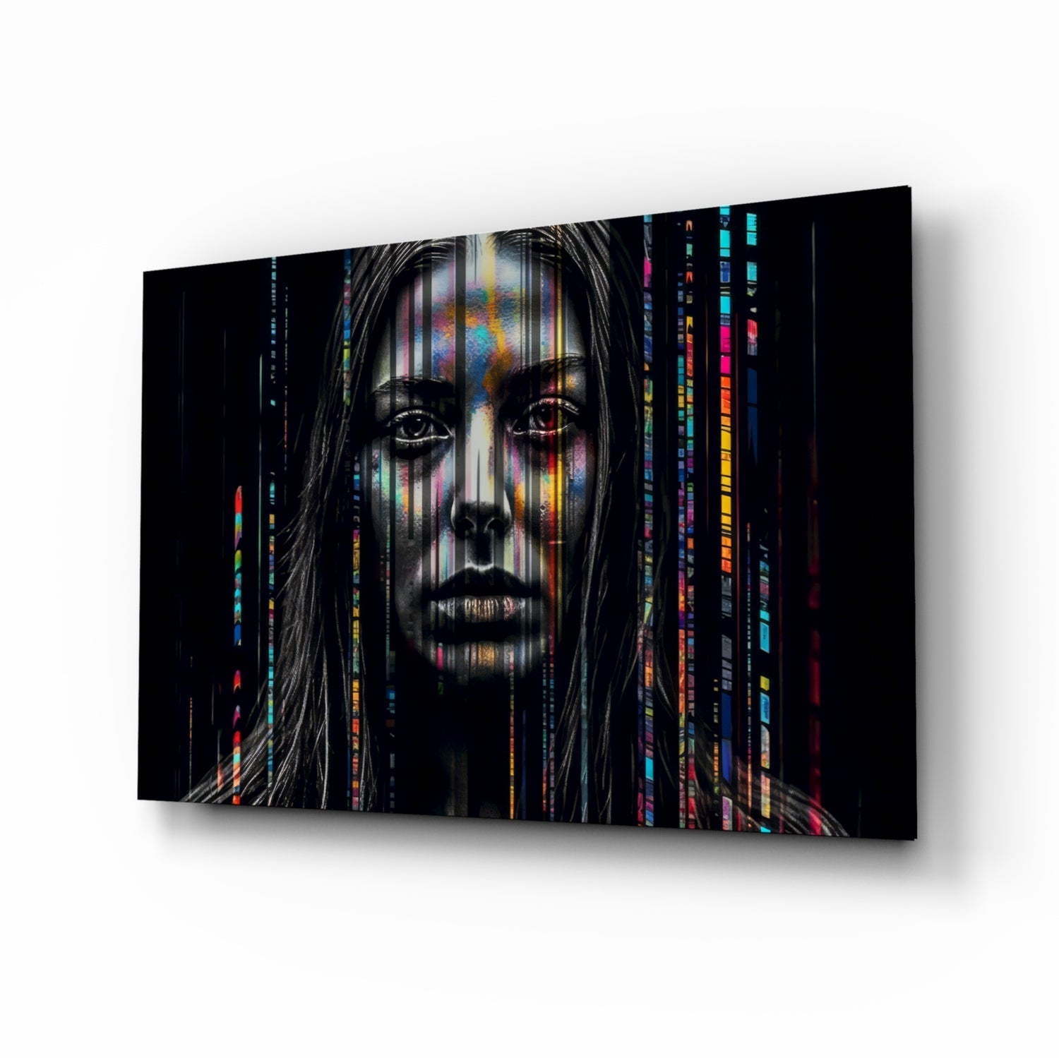 Glitch Stripes Woman Portrait Glass Wall Art