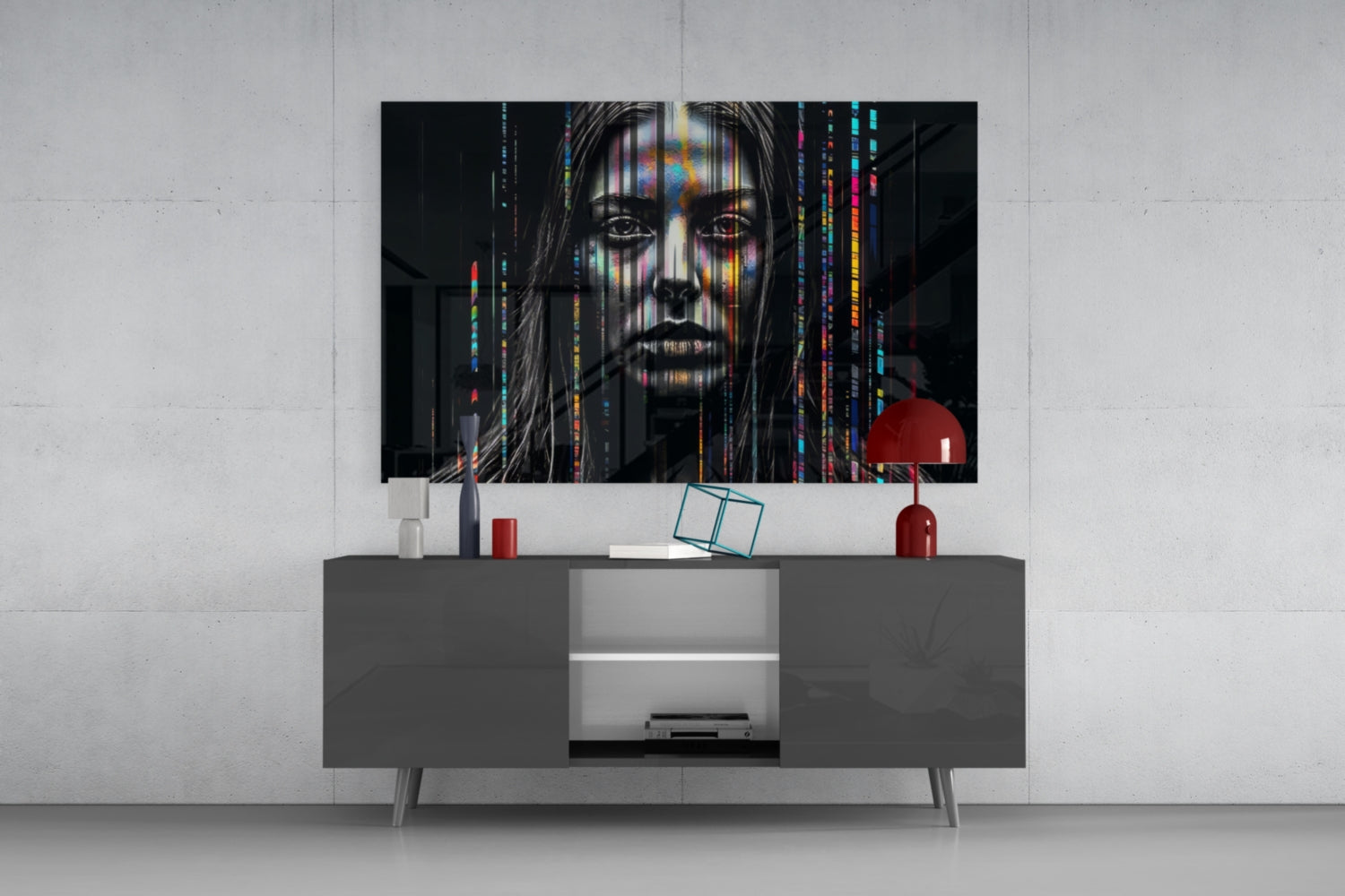 Glitch Stripes Woman Portrait Glass Wall Art