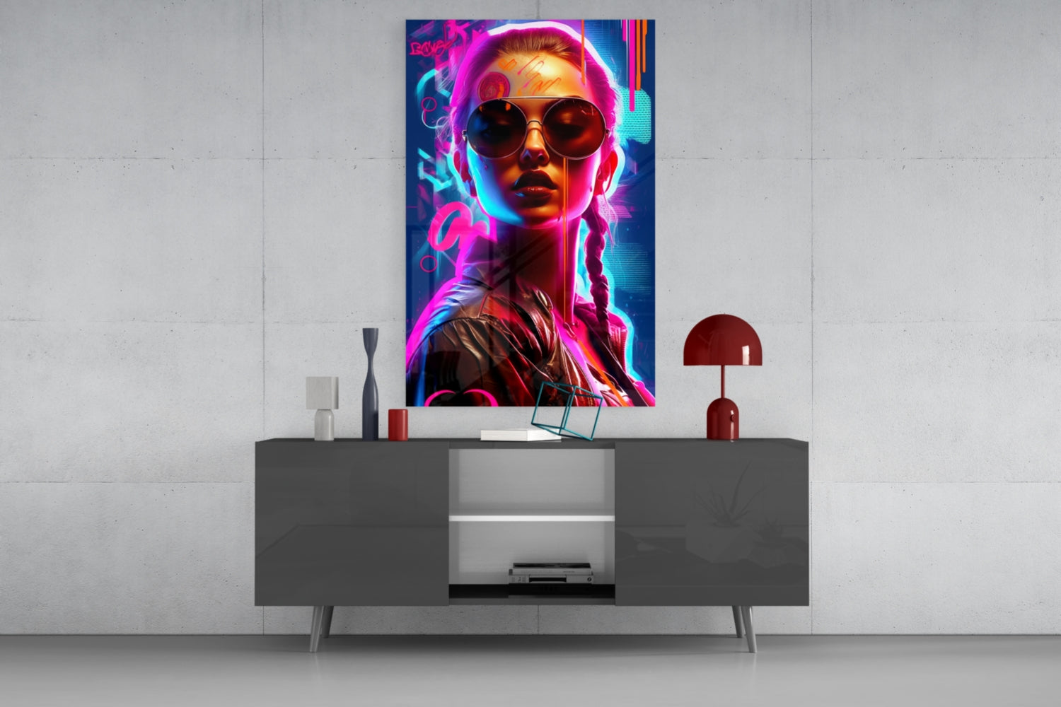 Braided Neon Aviator Woman Glass Wall Art