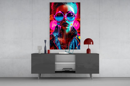 Pink Round Glasses Neon Woman Glass Wall Art