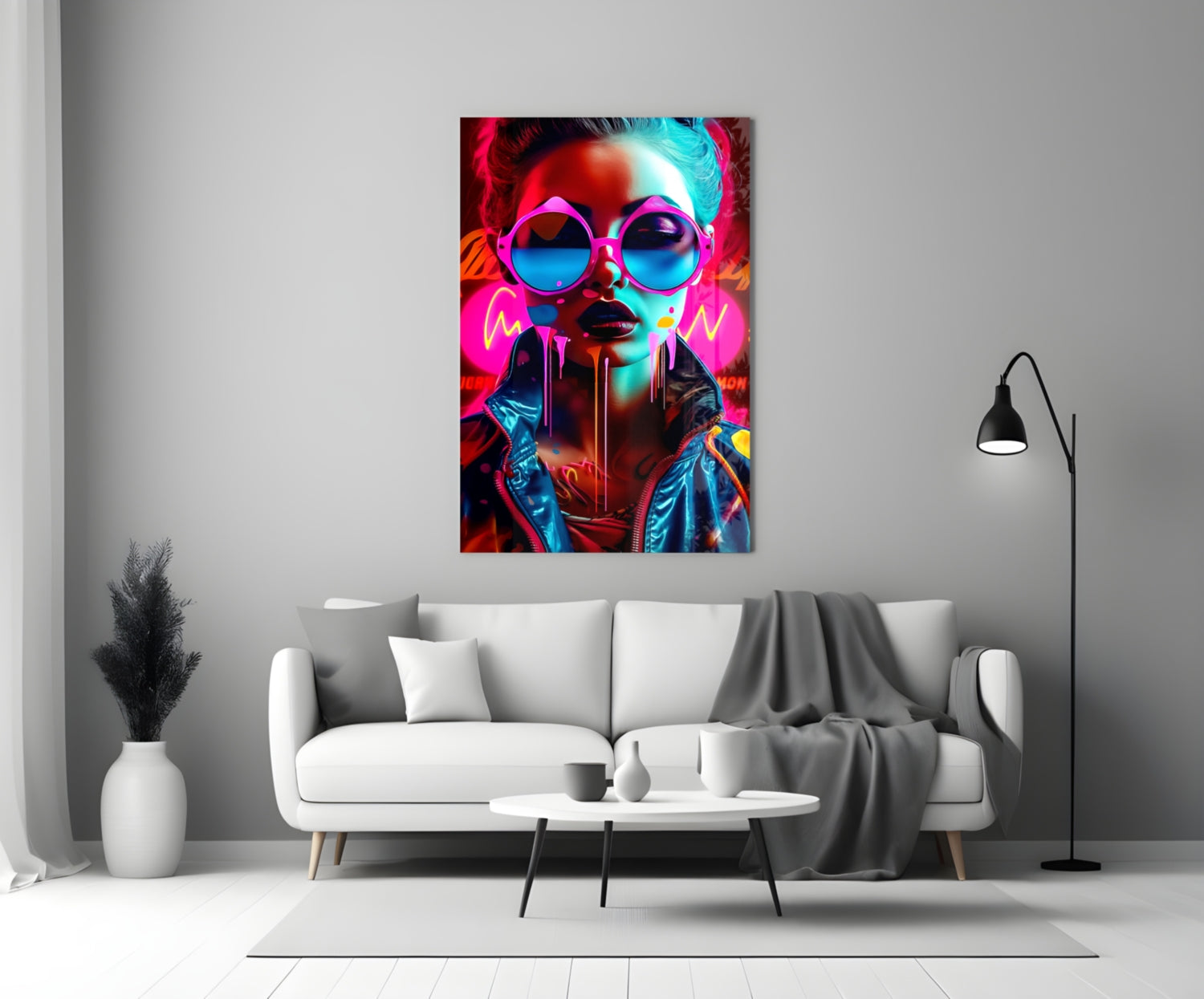 Pink Round Glasses Neon Woman Glass Wall Art