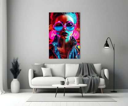 Pink Round Glasses Neon Woman Glass Wall Art