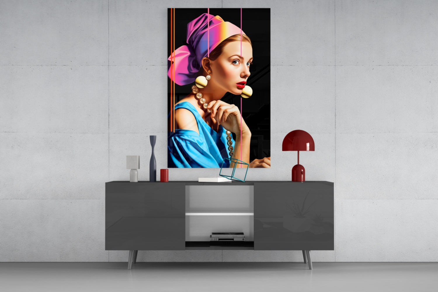 Neon Stripes Girl With A Pearl Earring Glass Wall Art