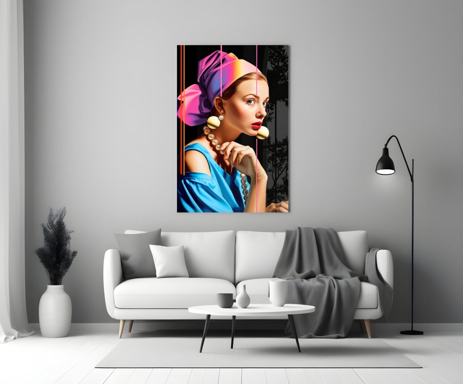 Neon Stripes Girl With A Pearl Earring Glass Wall Art
