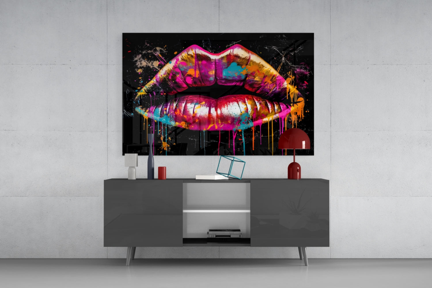 Magenta Paint Drip Lips Glass Wall Art