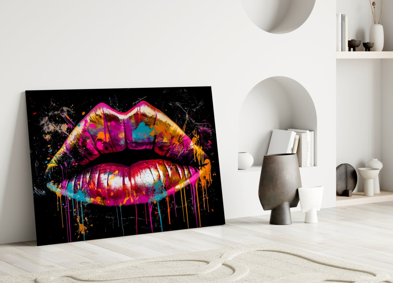 Magenta Paint Drip Lips Glass Wall Art