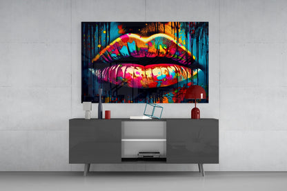 Rainbow Splatter Glossy Lips Glass Wall Art