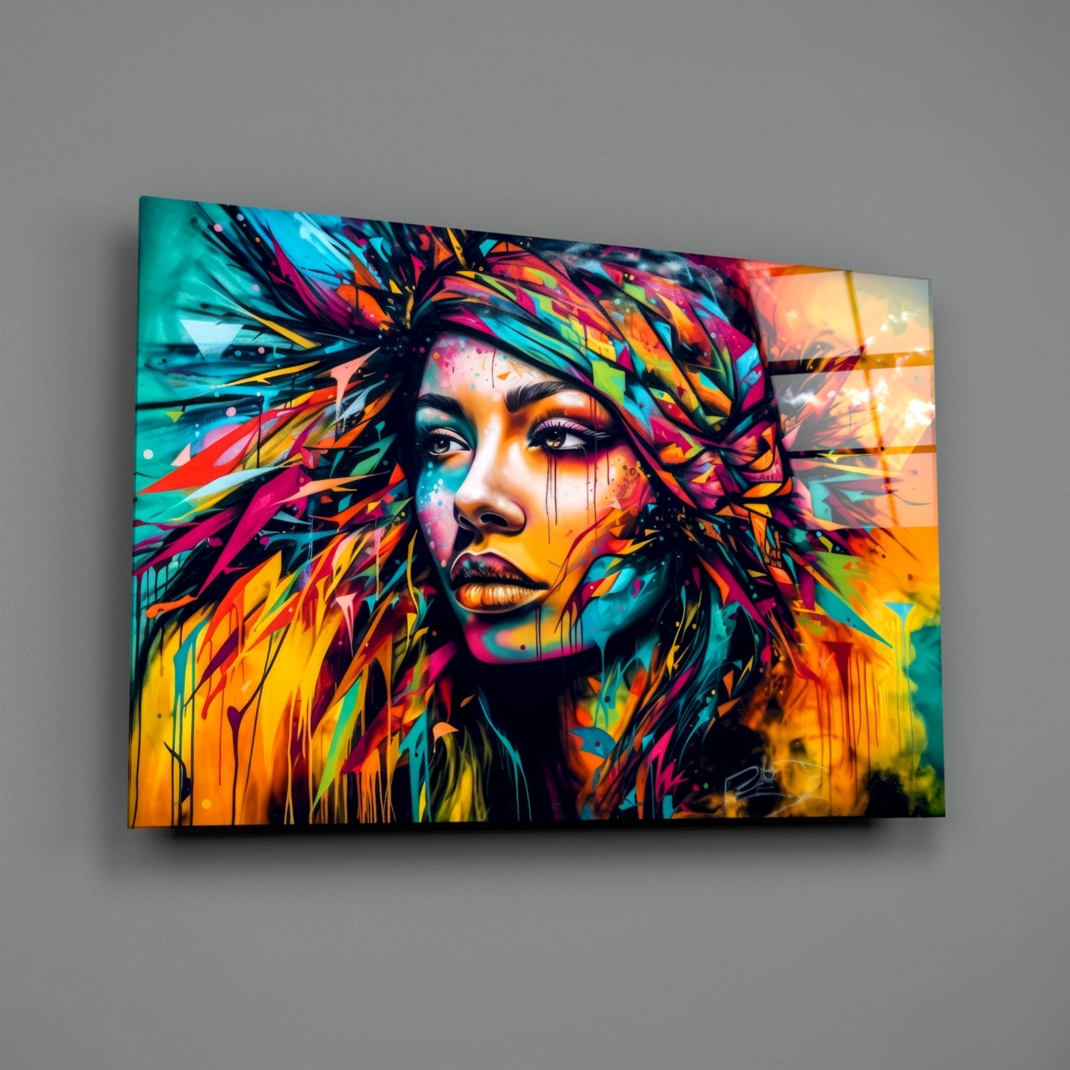 Neon Headwrap Feathered Woman Glass Wall Art