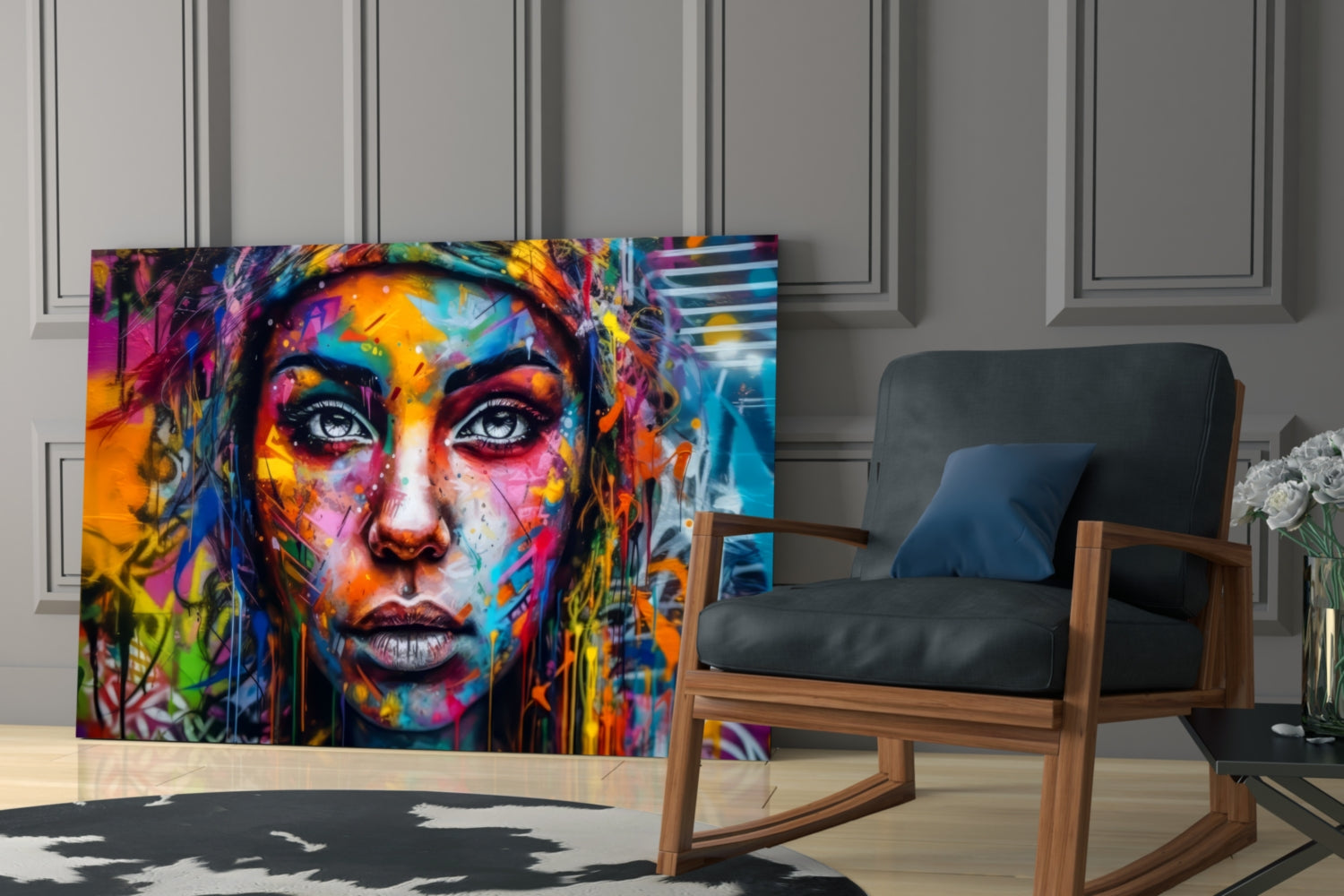 Wide Eyed Paint Splash Woman Glass Wall Art