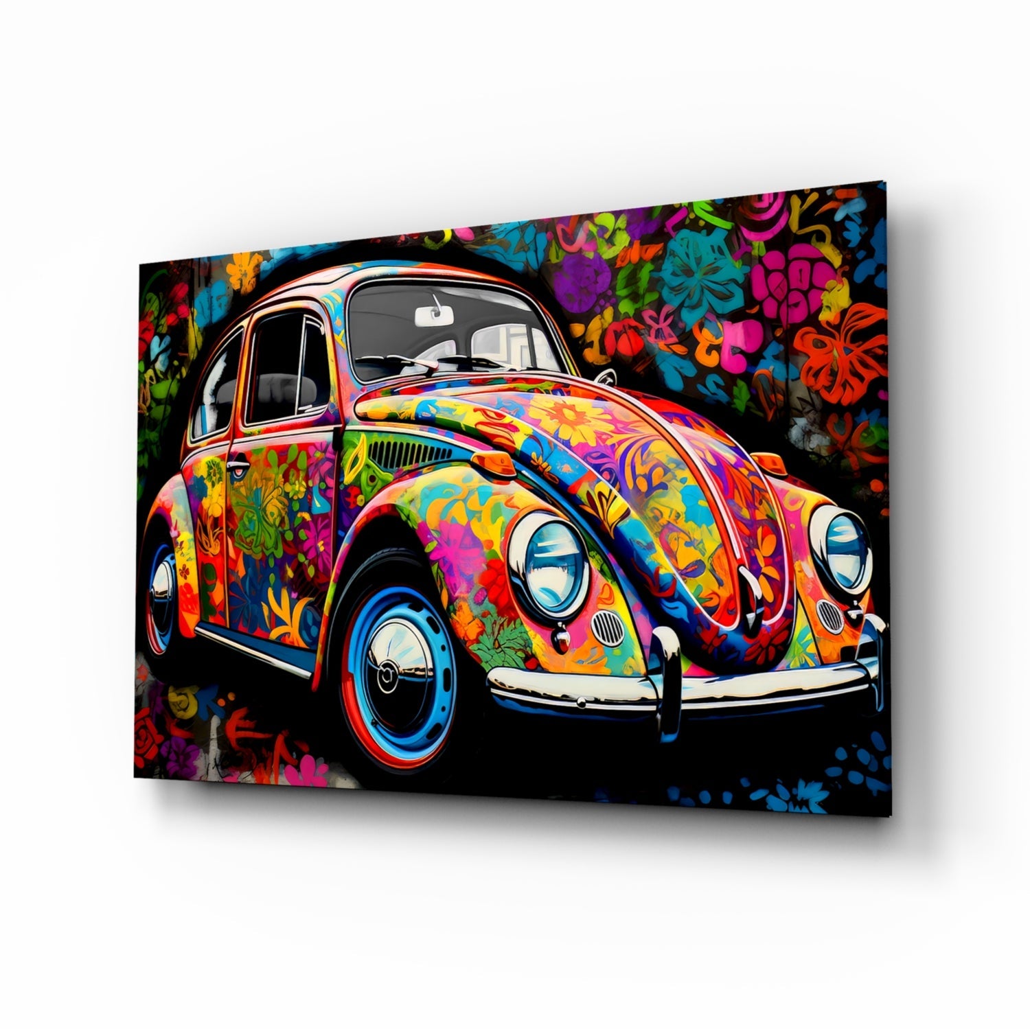 Flowering Retro Camper Van Glass Wall Art || Designer Collection