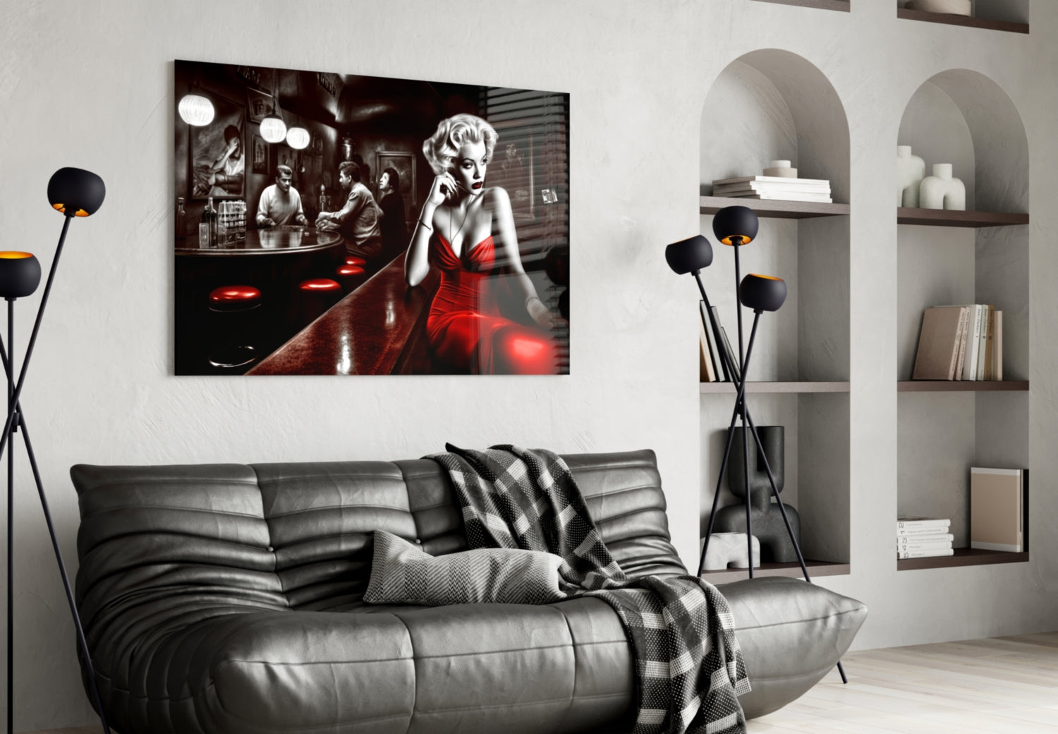 Red Dress Blonde on Bar Stool Glass Wall Art