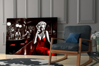 Red Dress Blonde on Bar Stool Glass Wall Art