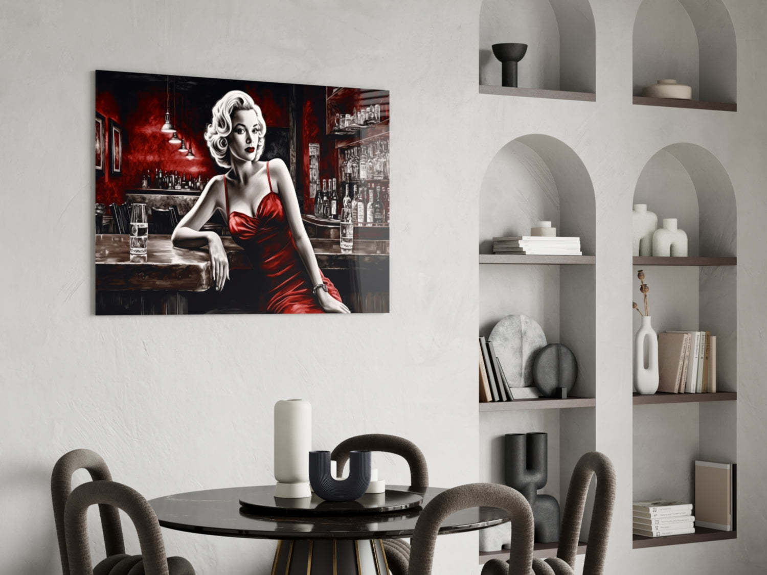 Red Satin Blonde Leaning on Bar Glass Wall Art