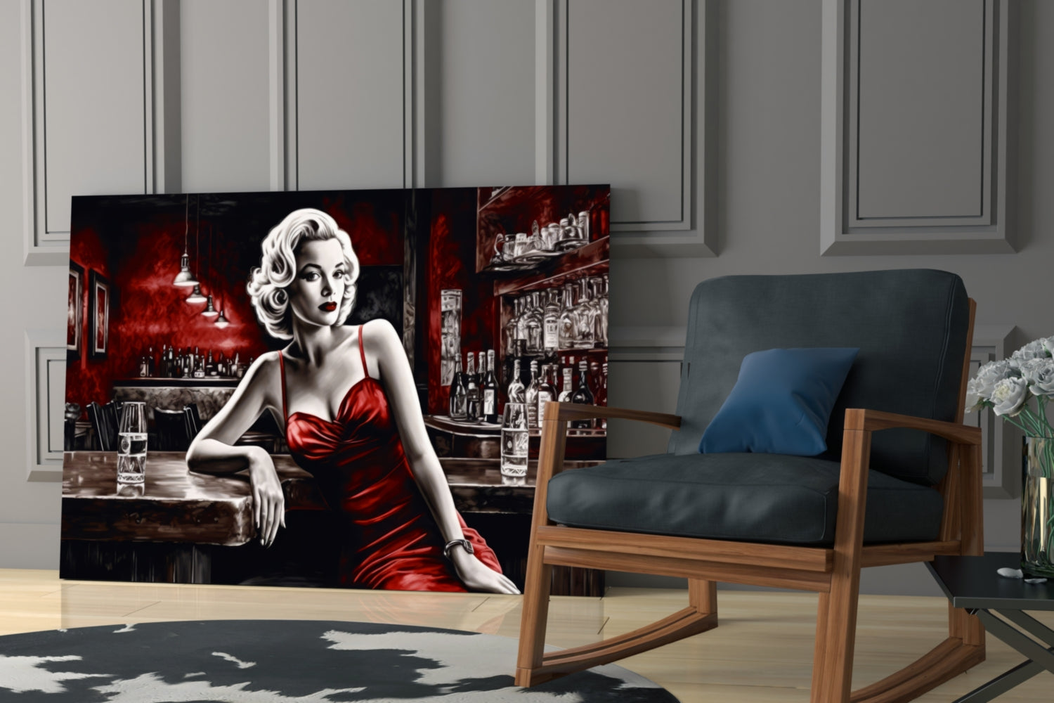 Red Satin Blonde Leaning on Bar Glass Wall Art