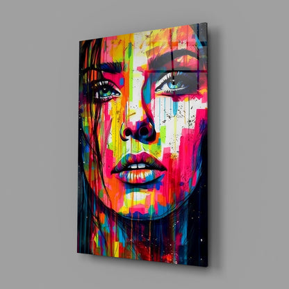 Colorful Drip Tilted Gaze Woman Glass Wall Art