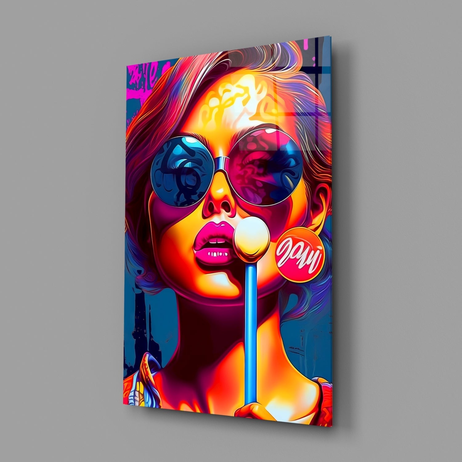 Neon Sunglasses Woman White Lollipop Glass Wall Art